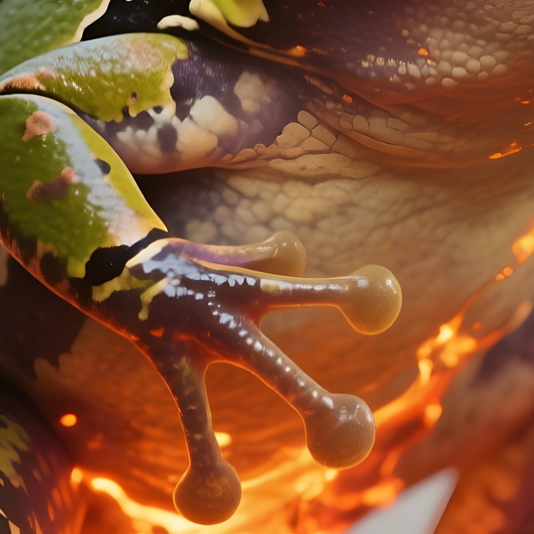 Photorealistic Image: A Molten Frog Erupting Small Sparks With Each Hop. - Full Resolution Quality Preview