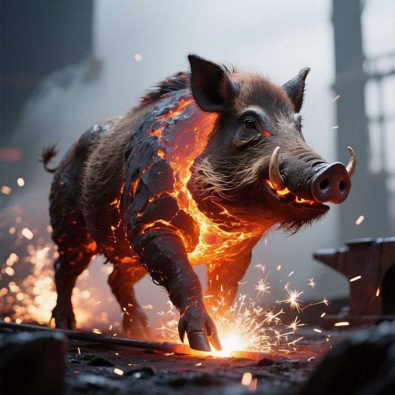 Photorealistic Image: A Molten Iron Boar Forging Sparks With Each Step.