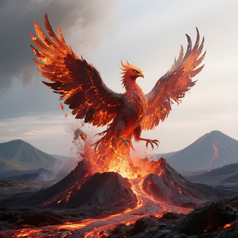 Photorealistic Image: A Molten Phoenix Rising From Volcanic Eruption.