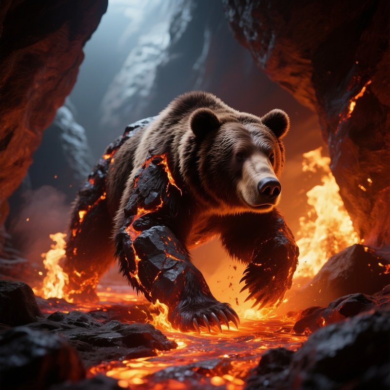 Photorealistic Image: A Molten Rock Bear Stomping In Fire Lit Caves.