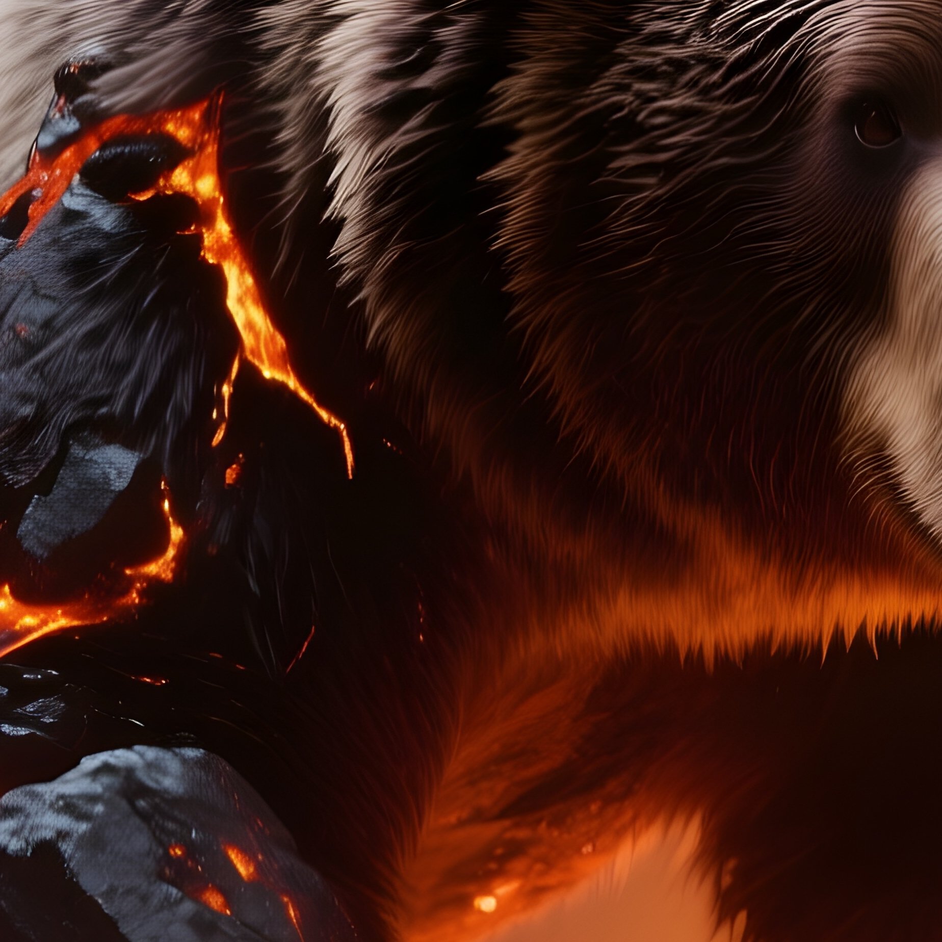 Photorealistic Image: A Molten Rock Bear Stomping In Fire Lit Caves. - Full Resolution Quality Preview