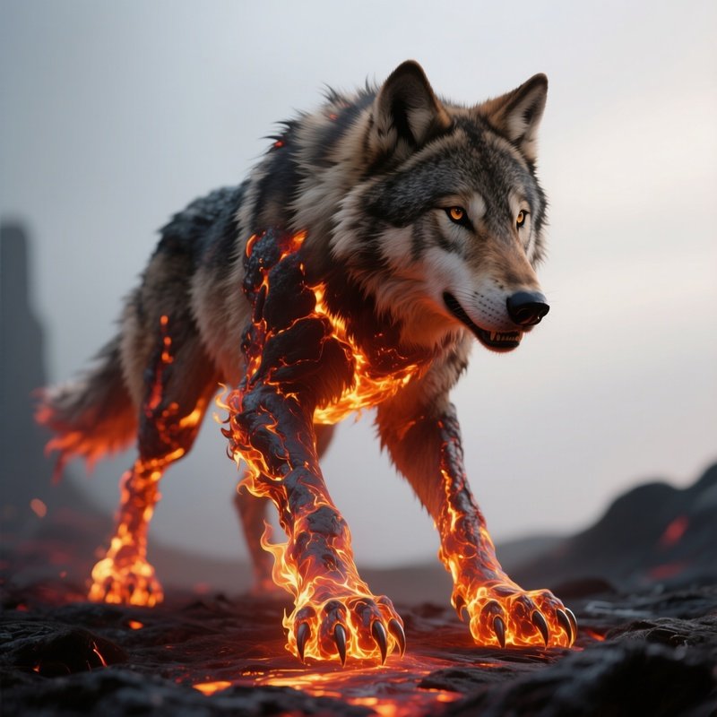 Photorealistic Image: A Molten Wolf With Flaming Paws.