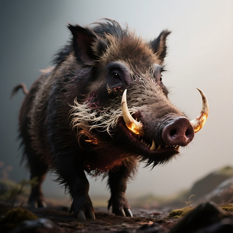Photorealistic Image: A Monstrous Boar With Glowing Tusks.