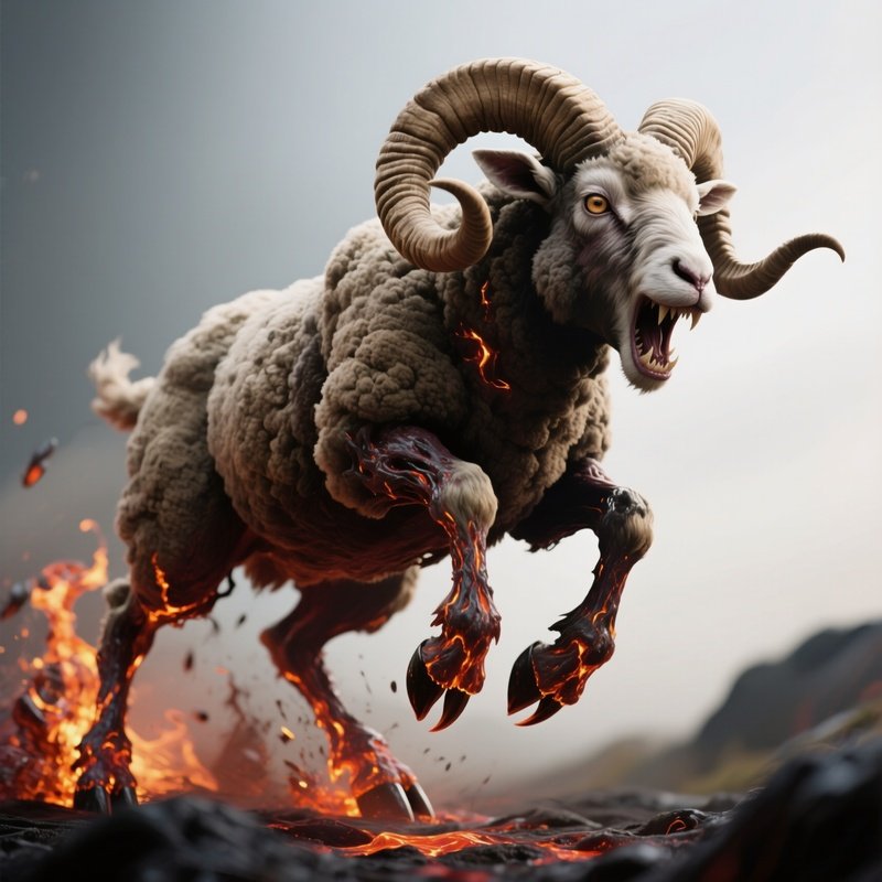 Photorealistic Image: A Monstrous Ram Charging With Molten Hooves.