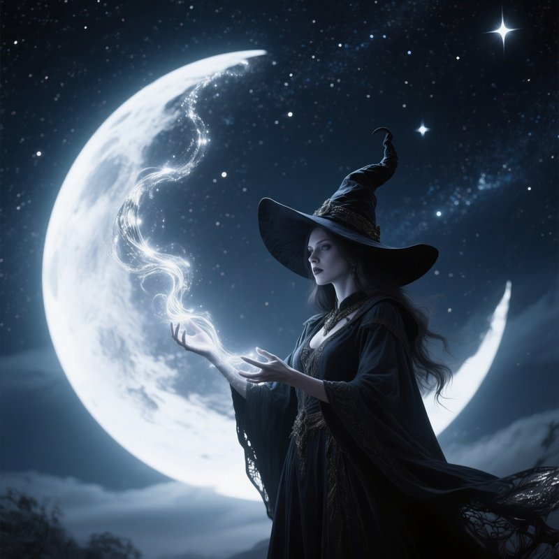 Photorealistic Image: A Moon Witch Casting Silver Magic Under Starry Skies.