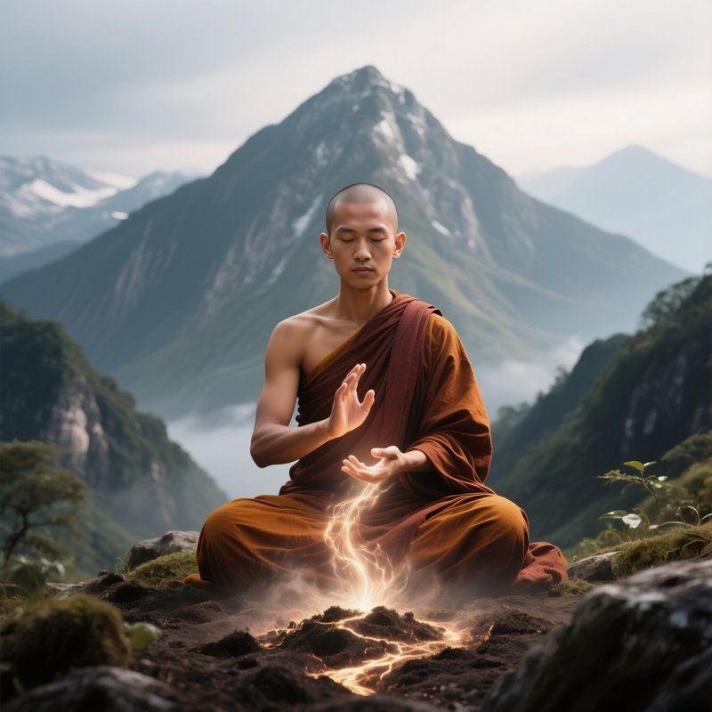 Photorealistic Image: A Mountain Monk Channeling Earth Energy.