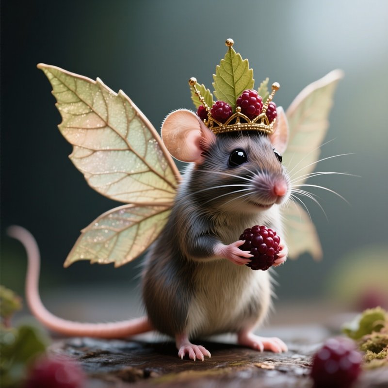 Photorealistic Image: A Mouse Fairy With Leaf Shaped Wings Holding A Berry Crown.