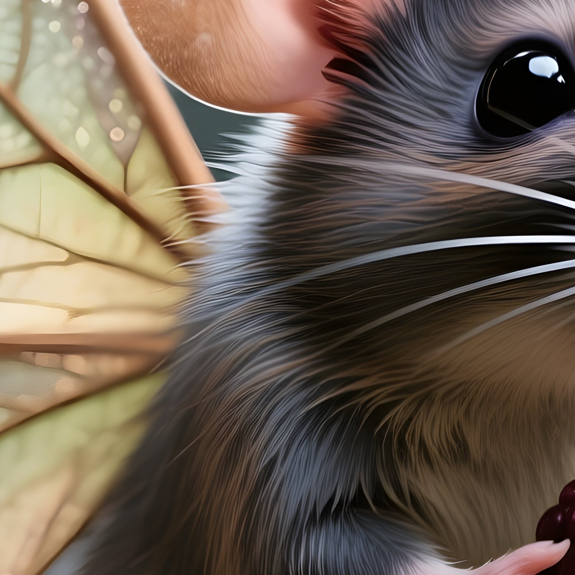 Photorealistic Image: A Mouse Fairy With Leaf Shaped Wings Holding A Berry Crown. - Full Resolution Quality Preview
