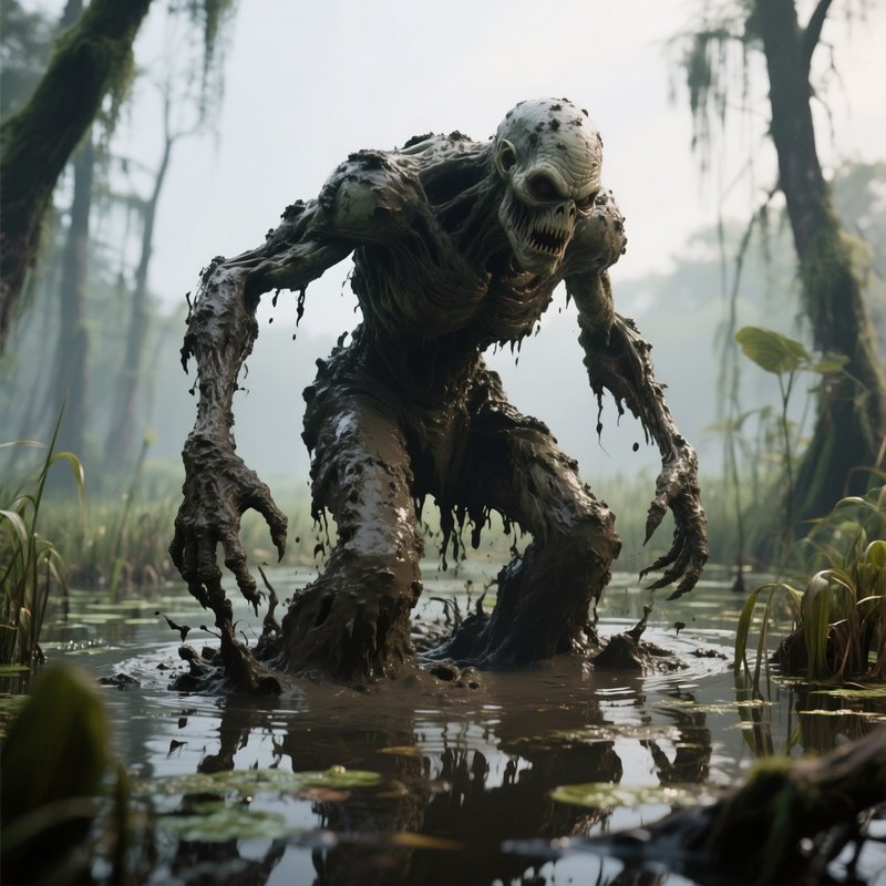 Photorealistic Image: A Mud Golem Rising From Enchanted Swamps.