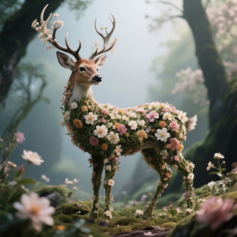Photorealistic Image: A Nature Spirit Taking The Form Of A Deer Made Of Blooming Flowers.