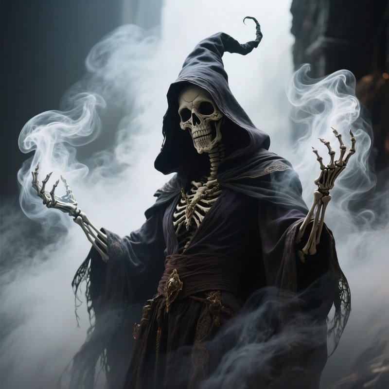 Photorealistic Image: A Necro Warlock Safely Controlling Smoky Spirits.