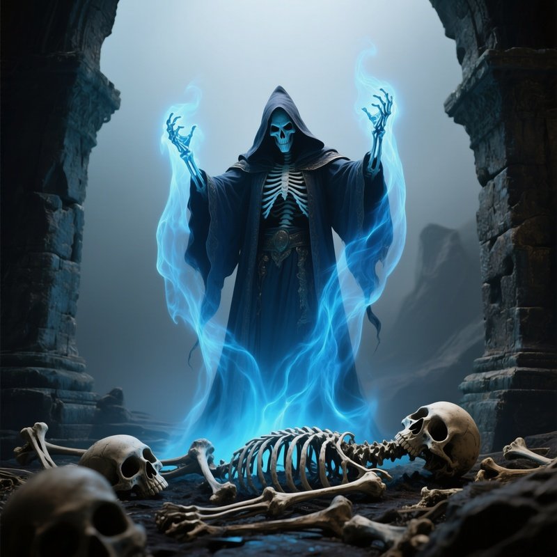 Photorealistic Image: A Necromancer Raising Ghostly Blue Energy From Ancient Bones.