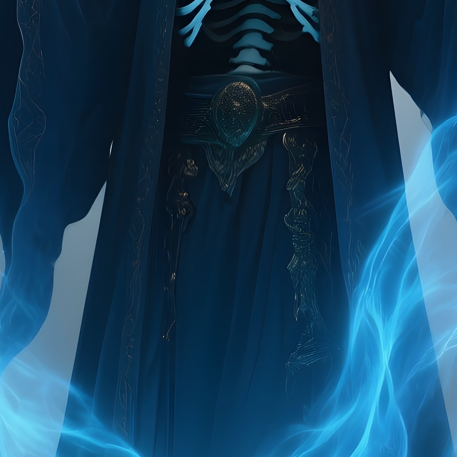 Photorealistic Image: A Necromancer Raising Ghostly Blue Energy From Ancient Bones. - Full Resolution Quality Preview