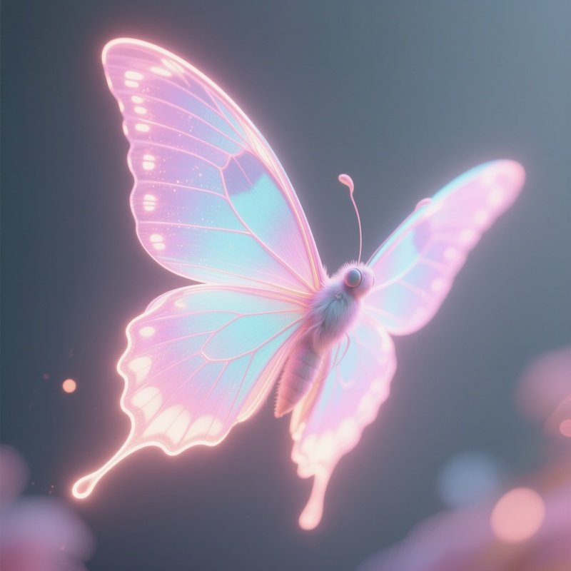 Photorealistic Image: A Neon Pastel Moth Fairy Beating Soft Glowing Wings.