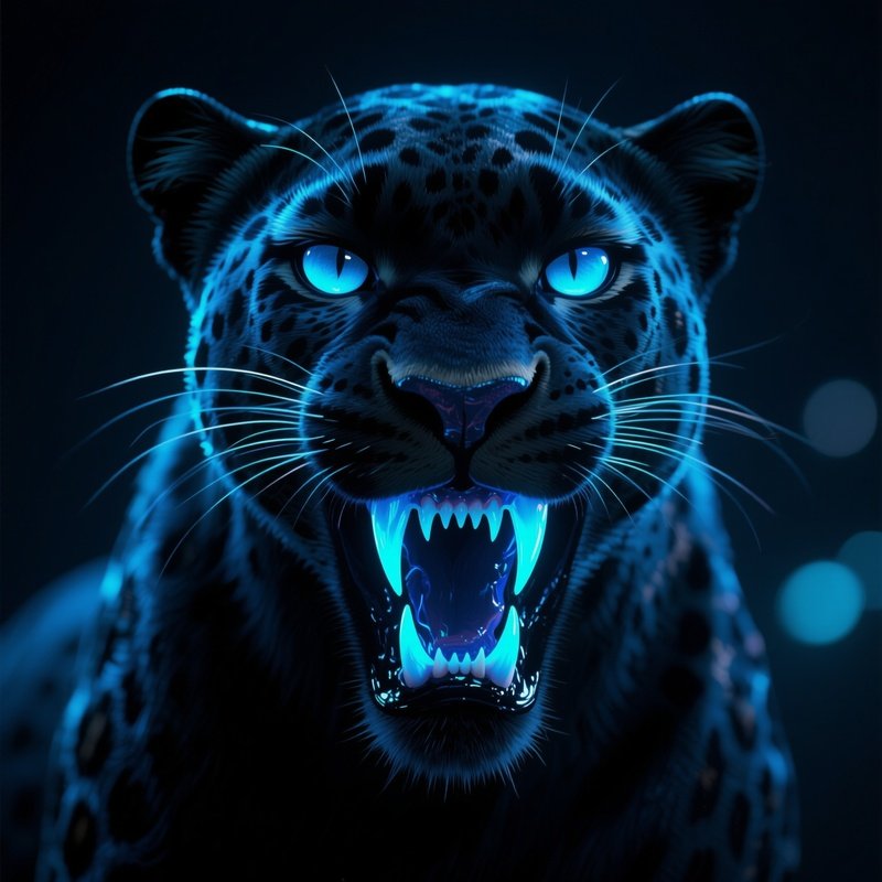 Photorealistic Image: A Night Panther With Neon Blue Venom Fangs.