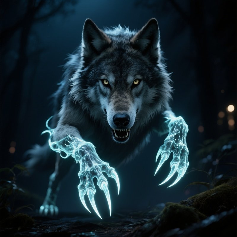 Photorealistic Image: A Night Wraith Wolf With Spectral Claws.