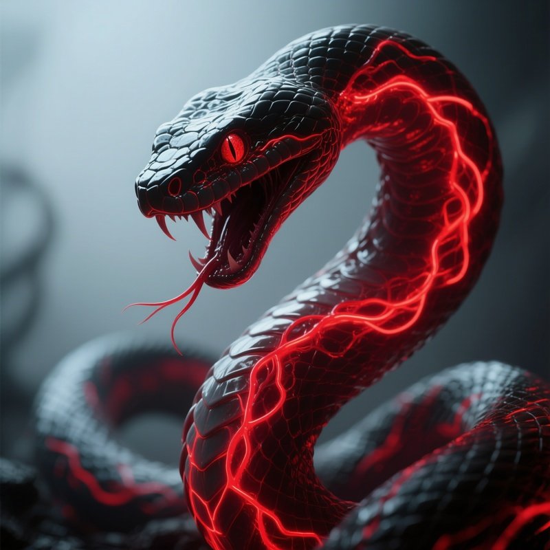 Photorealistic Image: A Nightmare Serpent With Neon Red Veins.