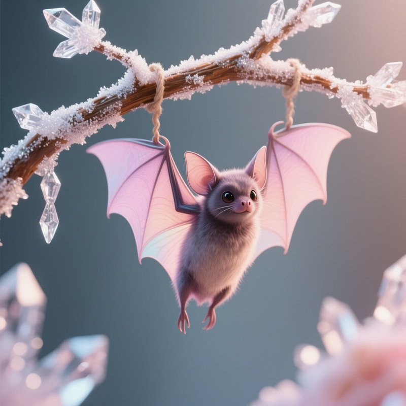 Photorealistic Image: A Pastel Colored Bat Fairy Hanging From A Sugar Crystal Branch.