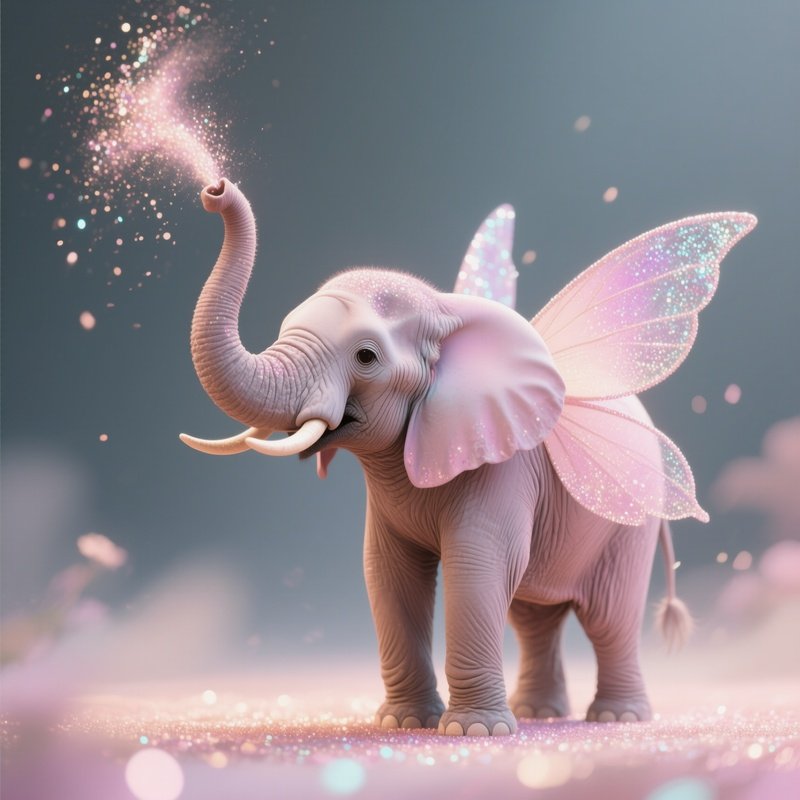 Photorealistic Image: A Pastel Elephant Fairy Lifting Glitter Dust With Its Trunk.
