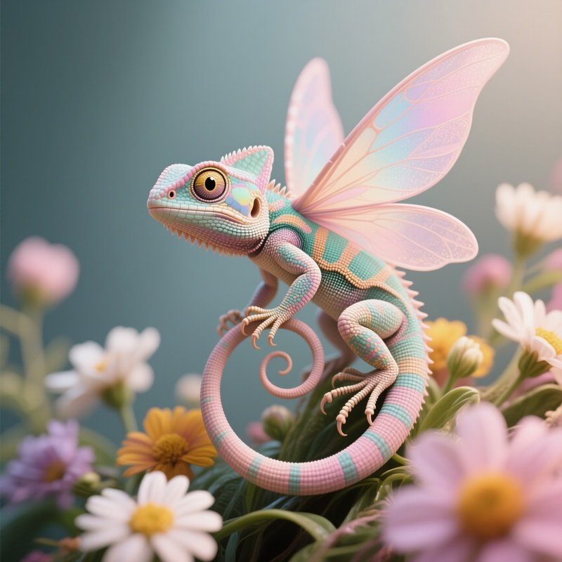 Photorealistic Image: A Pastel Lizard Fairy Curling Through Flowers.