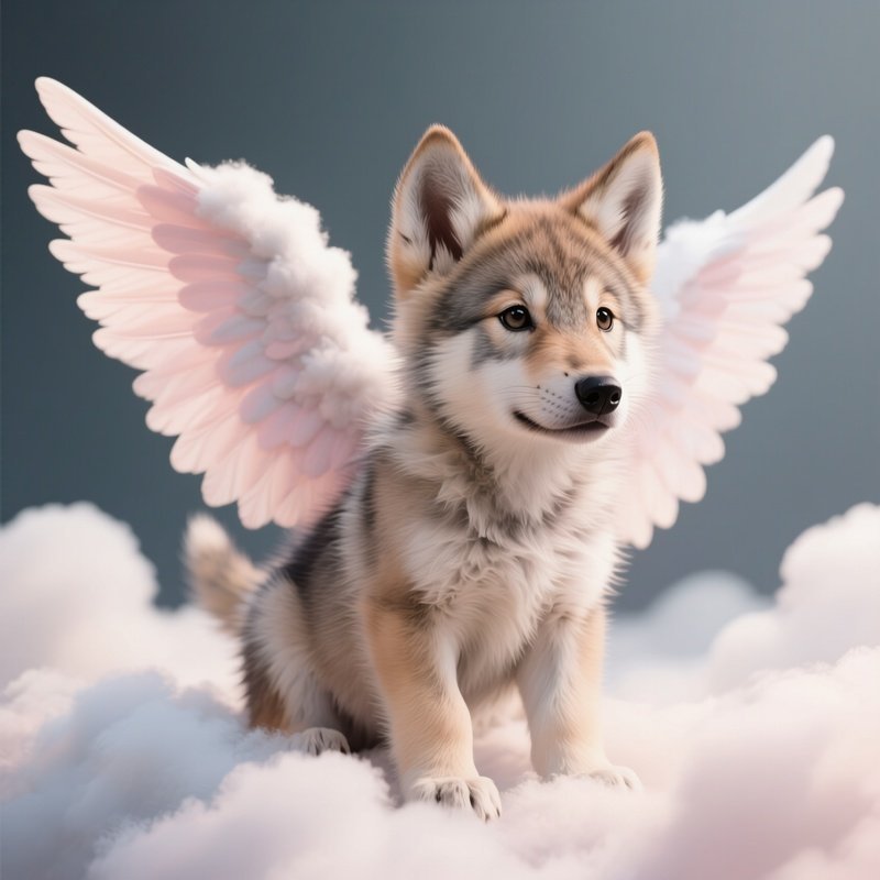 Photorealistic Image: A Pastel Wolf Pup With Cloud Wings.
