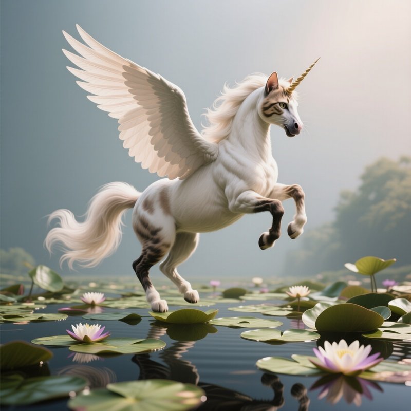 Photorealistic Image: A Pegasus Cat Prancing Above Floating Lily Pads.