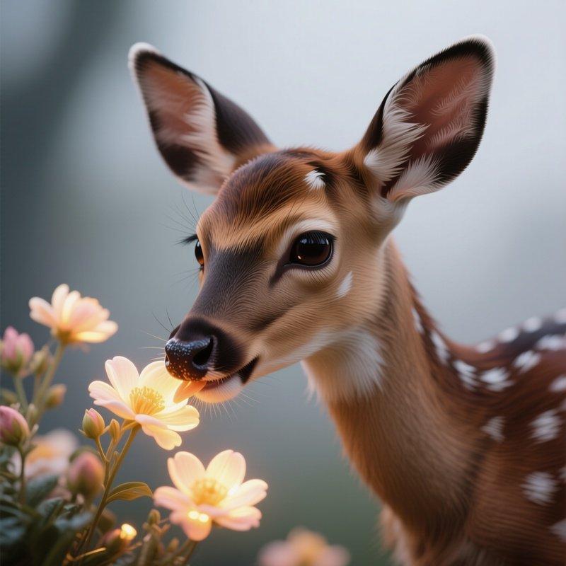 Photorealistic Image: A Petal Eared Fawn Nibbling On Luminous Flowers.