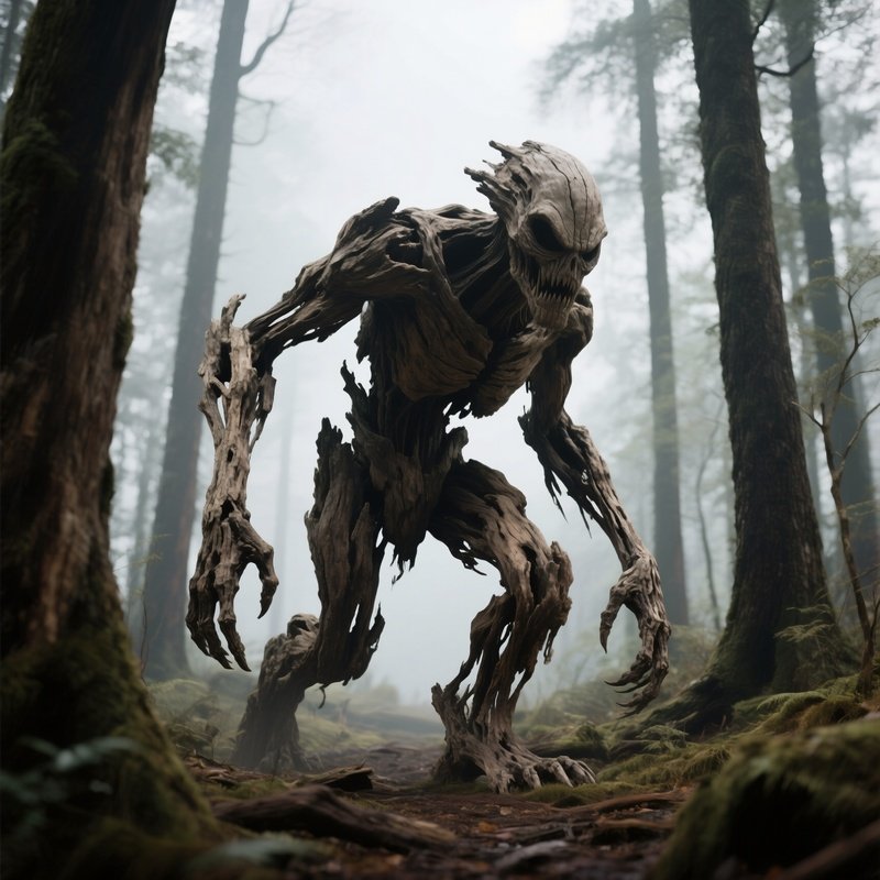 Photorealistic Image: A Petrified Wood Golem Lumbering Through Forests.