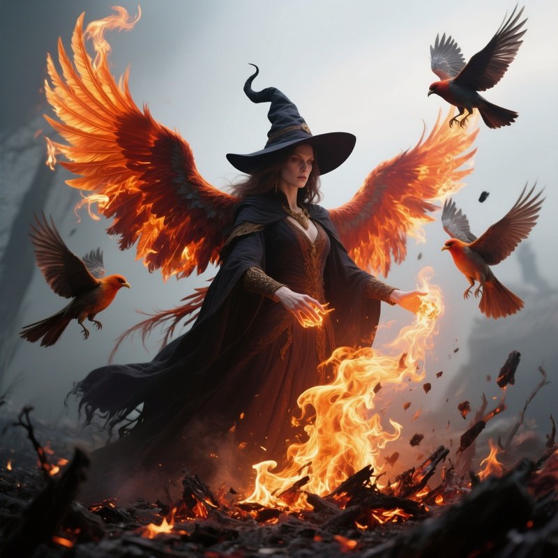 Photorealistic Image: A Phoenix Witch Summoning Flame Birds From Ashes.
