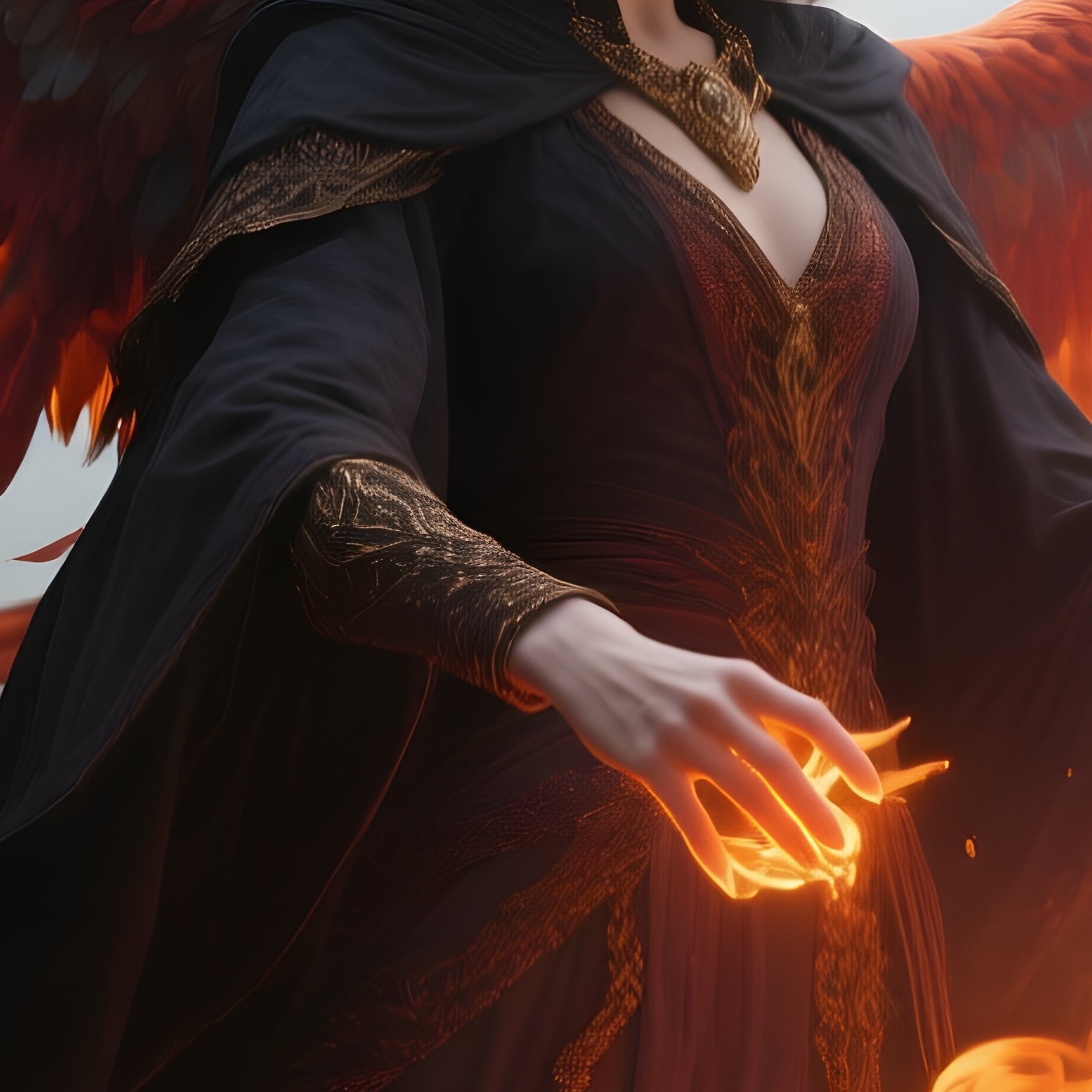 Photorealistic Image: A Phoenix Witch Summoning Flame Birds From Ashes. - Full Resolution Quality Preview