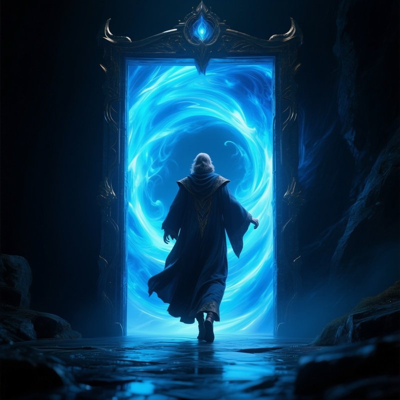 Photorealistic Image: A Portal Mage Stepping Through Swirling Blue Gateways.