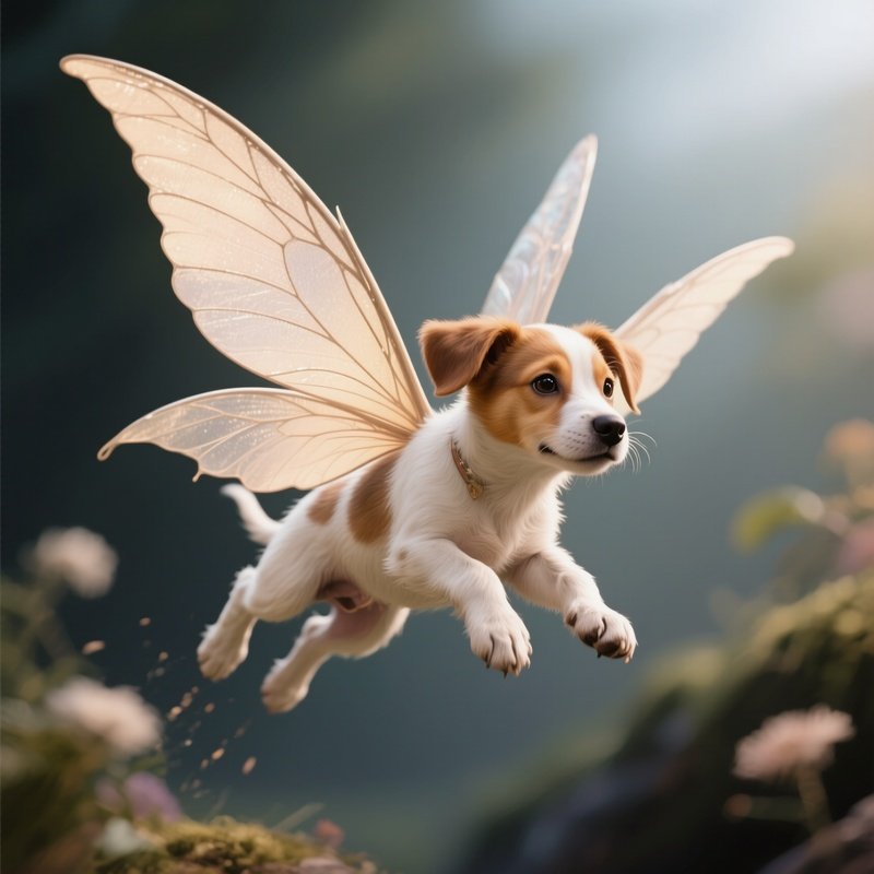 Photorealistic Image: A Puppy Fairy Flying Clumsily With Oversized Wings.