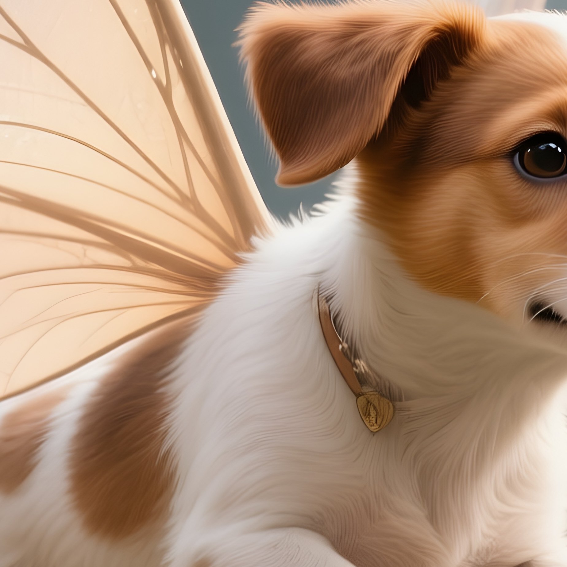 Photorealistic Image: A Puppy Fairy Flying Clumsily With Oversized Wings. - Full Resolution Quality Preview