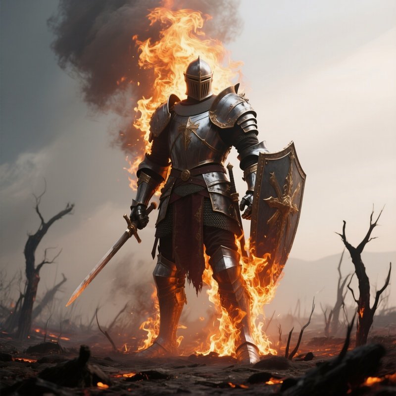 Photorealistic Image: A Pure Fire Knight Towering Over Scorched Ground.