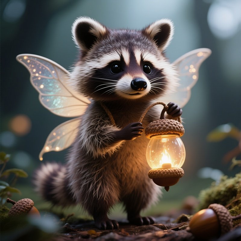 Photorealistic Image: A Raccoon Fairy Carrying A Glowing Lantern Acorn.
