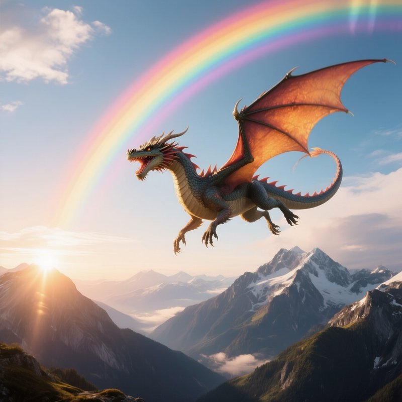 Photorealistic Image: A Radiant Rainbow Dragon Soaring Above Sunlit Peaks.