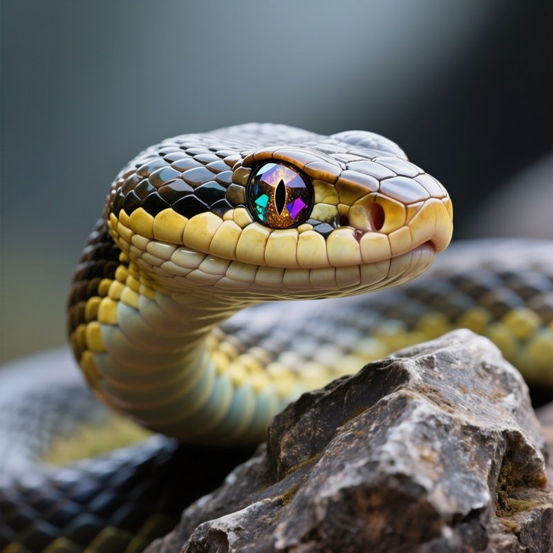 Photorealistic Image: A Rock Cobra With Gemstone Eyes.