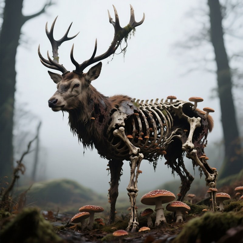 Photorealistic Image: A Rotten Stag With Nightmare Fungus Growing From Bones.
