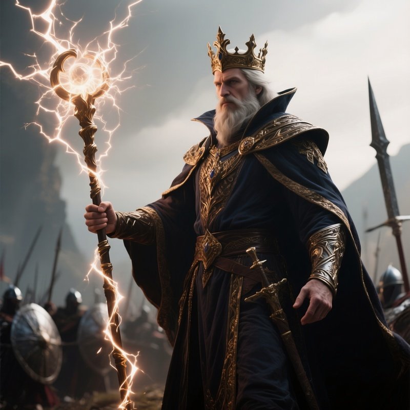 Photorealistic Image: A Royal Battle Mage Holding A Staff Crackling With Power.