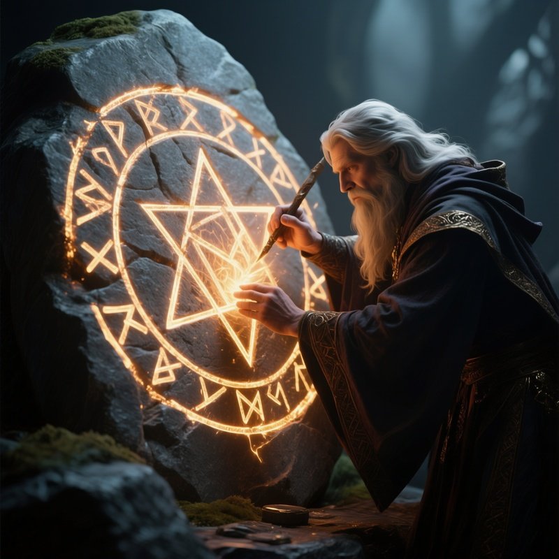 Photorealistic Image: A Rune Mage Carving Glowing Sigils Into Stone.