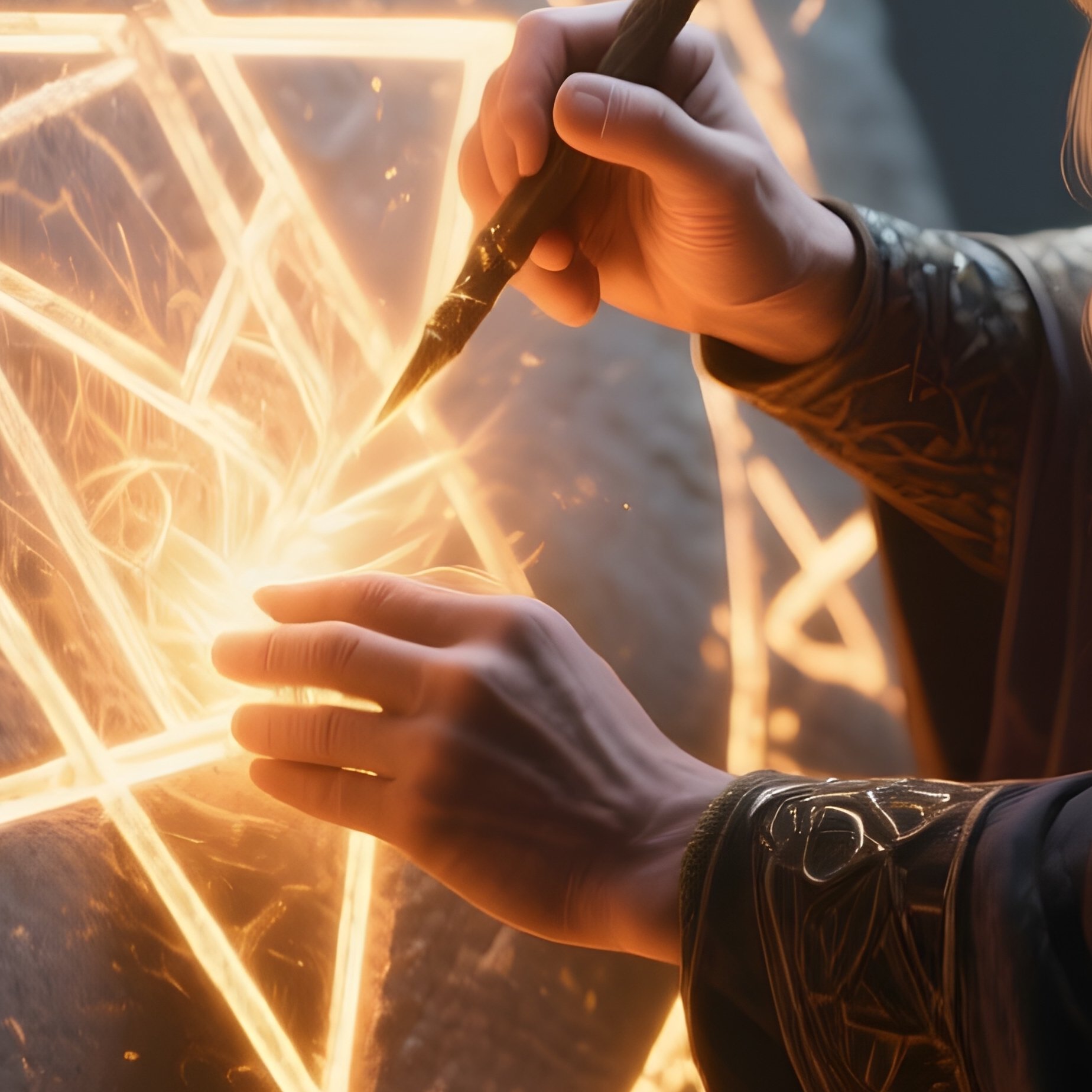 Photorealistic Image: A Rune Mage Carving Glowing Sigils Into Stone. - Full Resolution Quality Preview