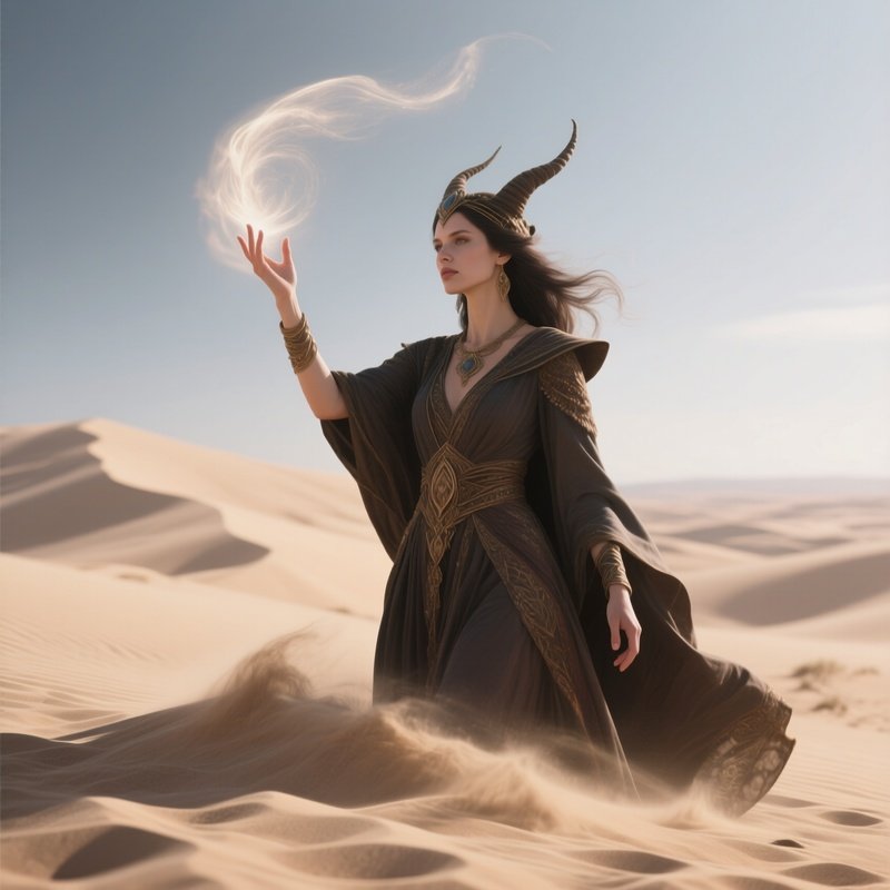 Photorealistic Image: A Sand Sorceress Raising Dunes With A Gesture.