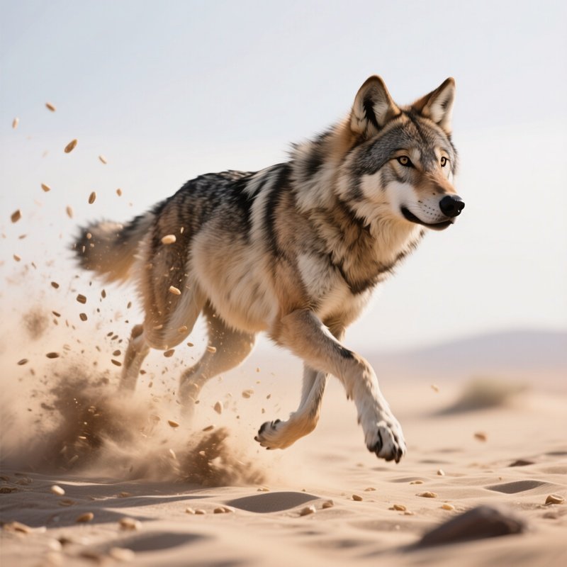 Photorealistic Image: A Sand Wolf Dissolving Into Grains Of Dust When Running.