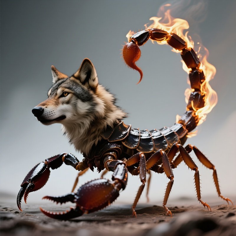 Photorealistic Image: A Scorpion Wolf Hybrid Rattling Its Burning Tail.