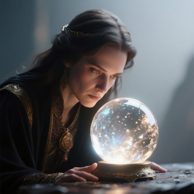 Photorealistic Image: A Seer Gazing Into A Glowing Crystal Sphere.