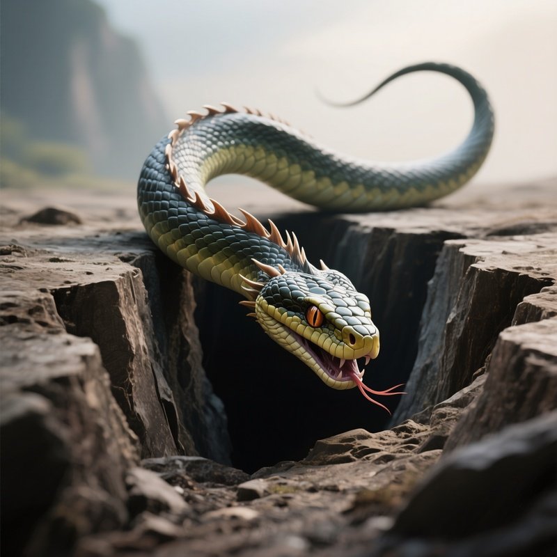 Photorealistic Image: A Serpent Dragon Hybrid Crawling Out Of Chasms.