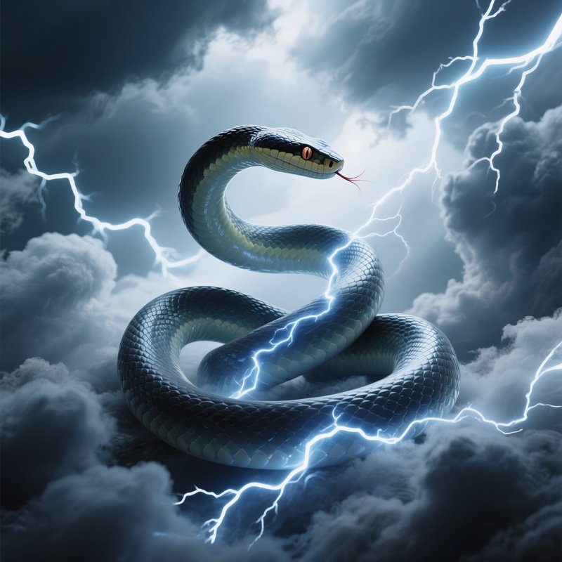 Photorealistic Image: A Serpent Of Pure Lightning Coiled Around Storm Clouds.