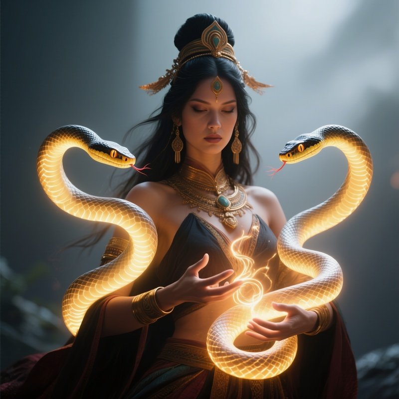Photorealistic Image: A Serpent Priestess Summoning Luminous Snakes.