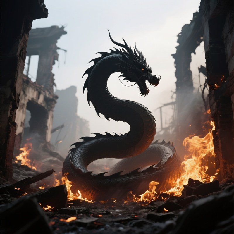 Photorealistic Image: A Shadow Dragon Coiling Through Burning Ruins.
