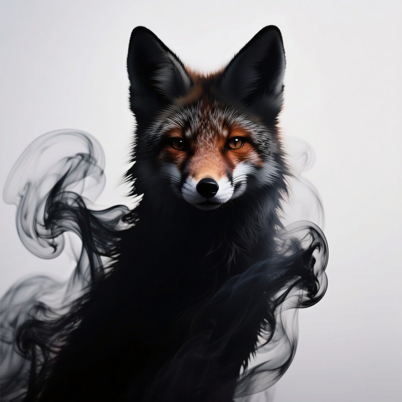 Photorealistic Image: A Shadow Fox With Ink Like Smoke Swirling Behind It.